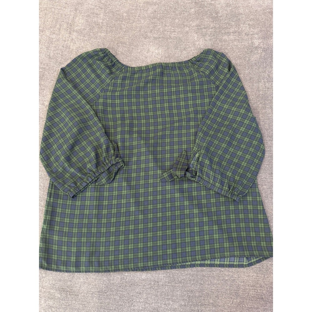 Talbots Woman Petites Plaid Tie Cuff Blouse Green Navy Blue 1XP 100% Polyester
